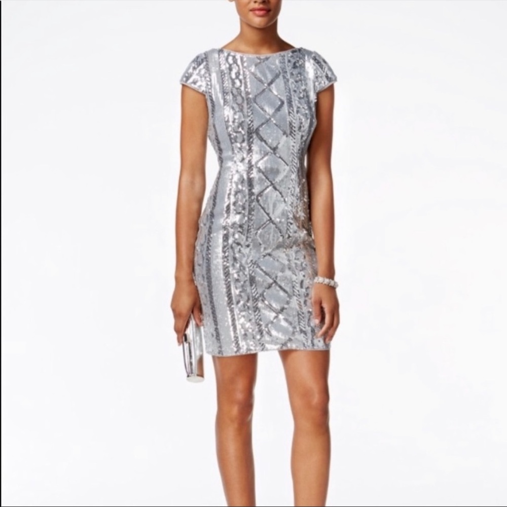 Adrianna Papell Cable Knit Sequined Dress Silver Size 2